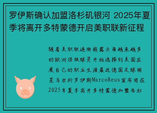 罗伊斯确认加盟洛杉矶银河 2025年夏季将离开多特蒙德开启美职联新征程